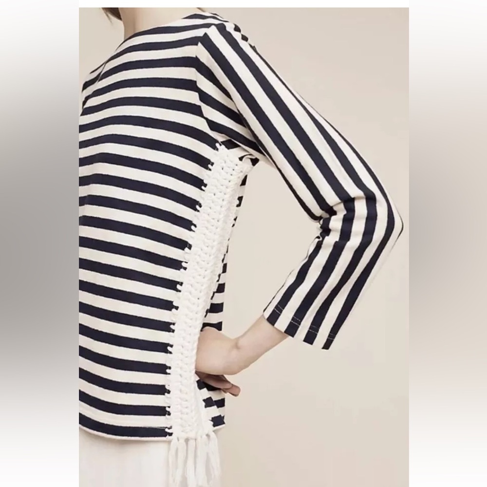 Anthro Pepin Mariner Navy Striped Side Crocheted Fringed Top